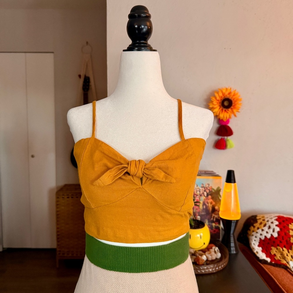 Mustard Yellow Bow-Tie Front Crop Top - Picture 1 of 8